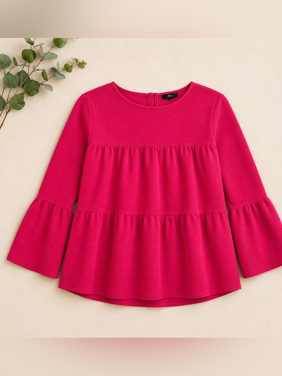 J. Crew Tops - J. Crew Berry Pink Tiered Bell Sleeve Blouse | Textured Babydoll Top | Women’s